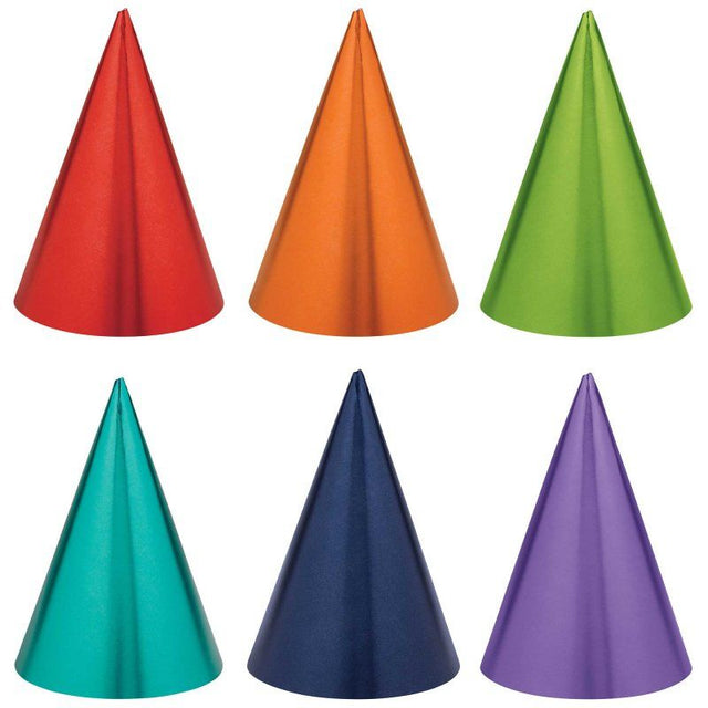 Colorful rainbow foil party cone hats, 17cm, pack of 12, perfect for birthday celebrations.
