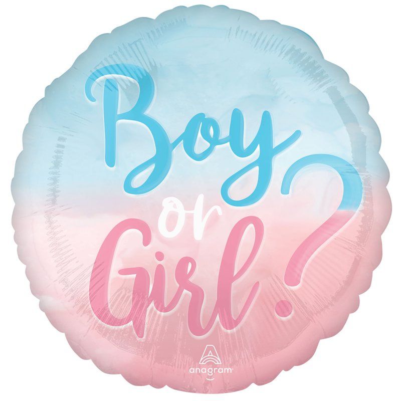 Self-sealing 45cm foil balloon for gender reveal, featuring 'The Big Reveal Boy or Girl' design.