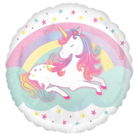 Self-sealing 45cm foil balloon featuring a colorful enchanted unicorn design.