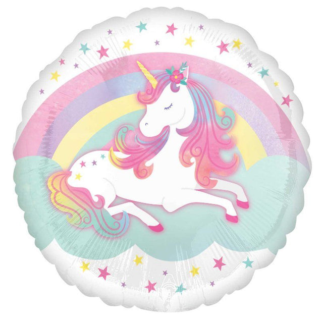 Self-sealing 45cm foil balloon featuring a colorful enchanted unicorn design.