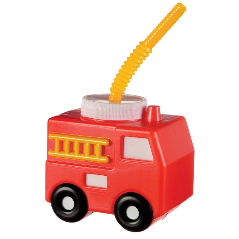 Plastic sippy cup designed for kids, featuring a fire truck theme, 470ml capacity, made by AMSCAN.