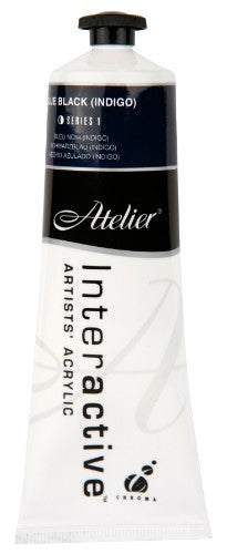 Atelier 80ml Blue Black (Indigo) acrylic paint, ideal for versatile drying techniques and vibrant artistic expression.