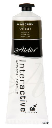 Atelier 80ml Olive Green acrylic paint, perfect for blending and layering, ideal for various artistic techniques.