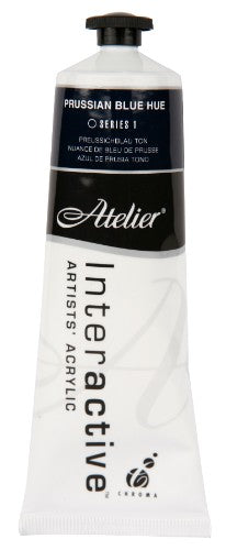 Atelier 80ml Acrylic Paint in Prussian Blue Hue, perfect for versatile blending and vibrant artwork.