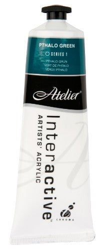 Atelier 80ml Pthalo Green acrylic paint, ideal for vibrant art with fast and controlled drying techniques.