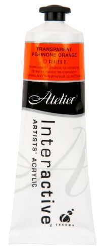 Atelier 80ml Transparent Perinone Orange Acrylic Paint, ideal for vibrant art, blending, and versatile application techniques.