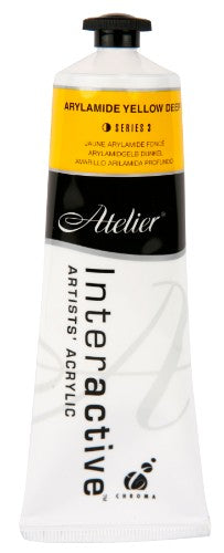 Professional-grade 80ml acrylic paint in Arylamide Yellow Deep, ideal for versatile blending and quick-drying techniques.