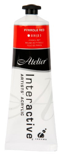 Atelier 80ml Pyrrole Red acrylic paint tube, vibrant bold red color ideal for artists enhancing artworks with blending techniques.