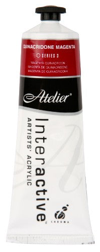 Atelier 80ml Quinacridone Magenta acrylic paint, featuring vibrant color and flexible drying options for artists.