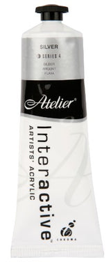 Atelier 80ml Silver Acrylic Paint, ideal for creating metallic accents with a smooth application and versatile drying options.