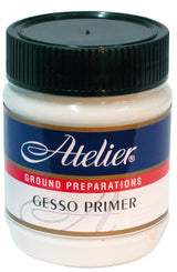 Atelier Gesso Primer 250ml bottle for acrylic painting, enhancing paint adhesion and providing a smooth surface.