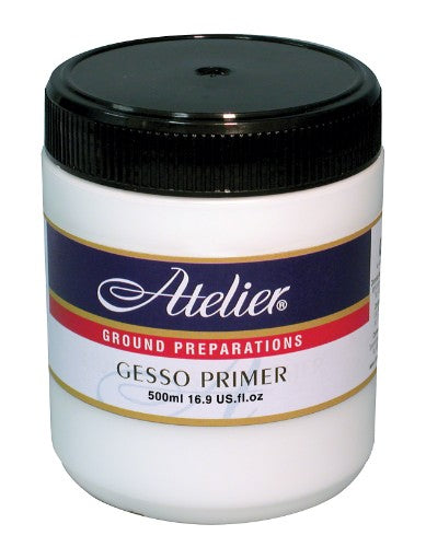 Atelier Gesso Primer 500ml for preparing canvases with a smooth, absorbent surface for vibrant acrylic paint application.