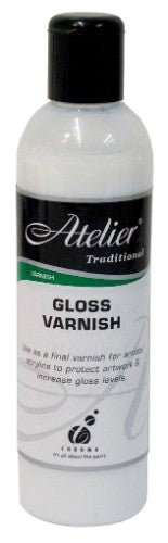 Atelier Gloss Varnish 250ml enhances artwork with a durable, glossy finish while protecting against dust and UV damage.