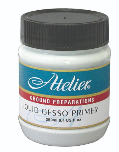 Atelier Liquid Gesso Primer 250ml for preparing surfaces, enhancing paint adhesion and vibrancy in artwork.