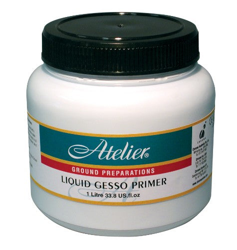 Atelier Liquid Gesso Primer 1 Litre for smooth surfaces, enhances acrylic paintings with fast-drying, non-toxic formula.