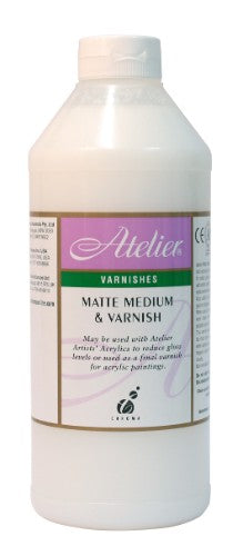 Atelier Matte Varnish 1 Litre bottle, offering durable protection and a stunning matte finish for acrylic artworks.