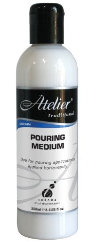 Atelier Pouring Medium 250ml for vibrant pouring techniques, enhances acrylic paints with a glossy, flexible finish.