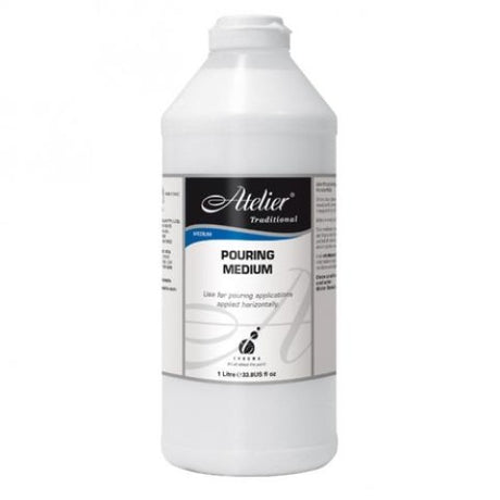 Atelier Pouring Medium 1L for dynamic fluid art, enhances acrylic color transparency with a gloss finish and durability.