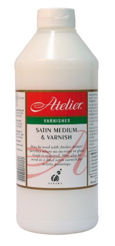 Atelier Satin Varnish 1 Litre: premium acrylic varnish for enhancing artwork with a durable, non-yellowing satin finish.