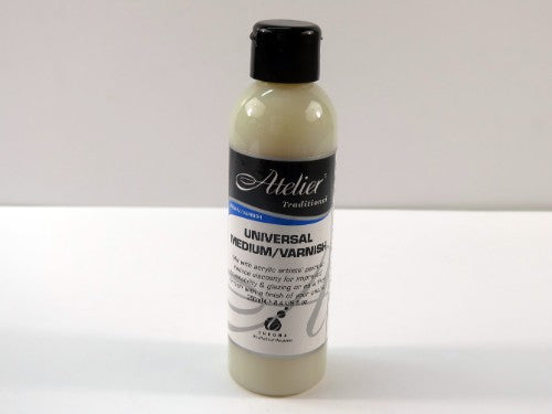 Atelier Universal Medium/Varnish 250ml for acrylic painting, enhances color saturation and offers adjustable sheen finishes.