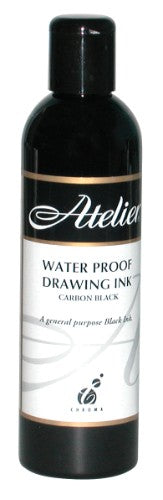 250ml bottle of Atelier Waterproof Drawing Ink, featuring vibrant color, quick-drying formula, and versatility for various surfaces.