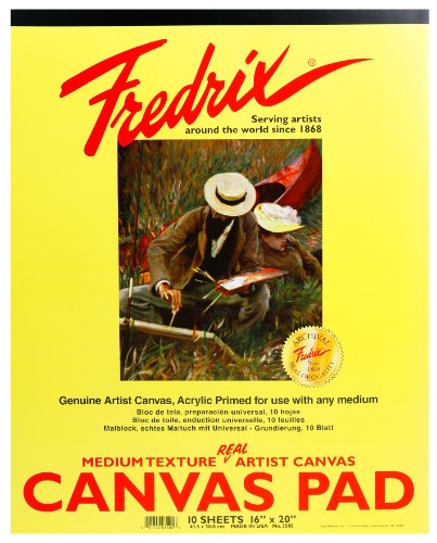 Fredrix 16x20 Canvas Pad with 10 primed sheets for versatile painting in acrylics, oils, and watercolors.