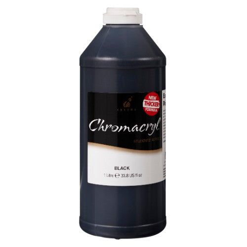 A black 1-liter bottle of Chromacryl acrylic paint, ideal for artists and students, known for its rich pigmentation and quick-drying formula.