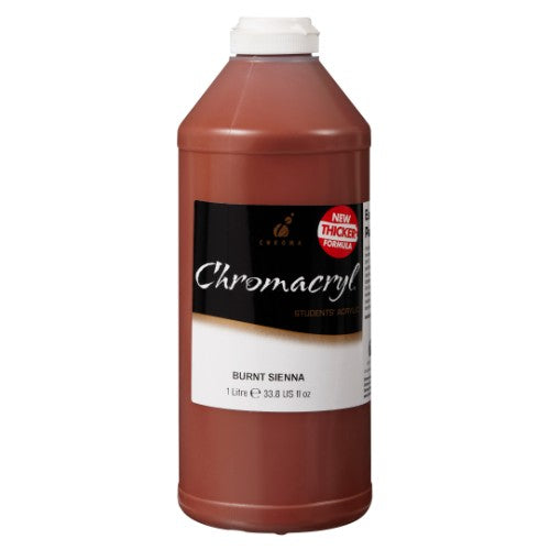 Chromacryl 1L Burnt Sienna acrylic paint, rich earthy tone for landscapes and portraits, non-toxic and versatile.