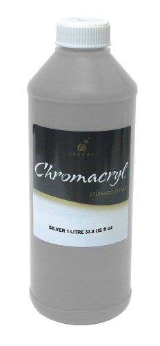 Chromacryl 1L Silver acrylic paint offers vibrant color, versatility, and quick-drying for various surfaces and artistic techniques.