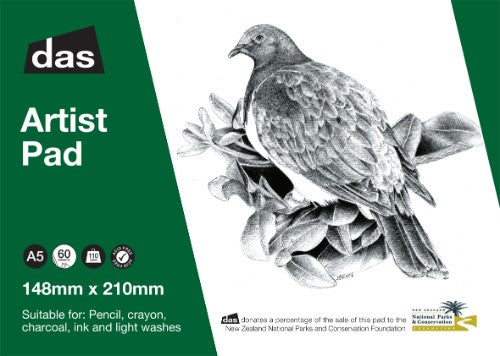 A5 Das Artists Pad with 60 sheets, featuring a woodpigeon design, ideal for various drawing mediums.