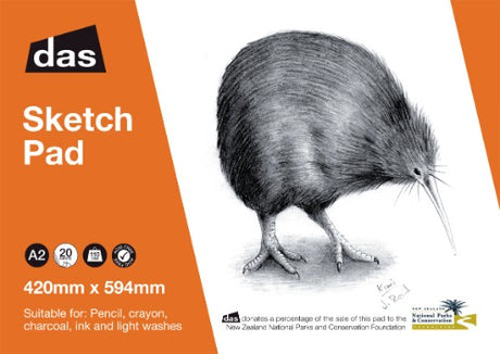 Das Sketch Pad (Kiwi) A2 size, 20 sheets of 110gsm paper, perfect for smooth drawing and vibrant artistic expression.