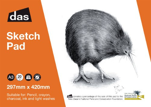 Das Sketch Pad (Kiwi) with 20 sheets of A3 110gsm paper, ideal for various artistic mediums and enhancing creativity.