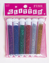 Set of 6 assorted fine glitters in vibrant colors, perfect for crafts, scrapbooking, and artistic projects.