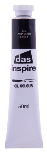 Das Inspire Oil 50ml Lamp Black tube showcasing rich pigmentation for artists seeking depth and contrast in their artwork.