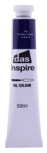 50ml tube of Das Inspire Oil Paint in vibrant Pthalo Blue, perfect for blending and layering in artworks.