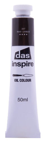 50ml tube of Das Inspire Oil Paint in Raw Umber, perfect for blending and layering in art projects.