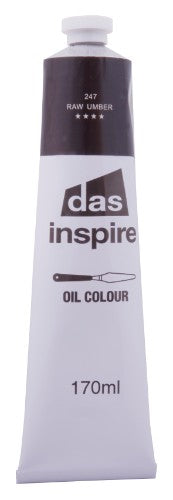 Das Inspire Oil 170ml Raw Umber paint tube showcasing deep earthy hue for versatile artistic applications.