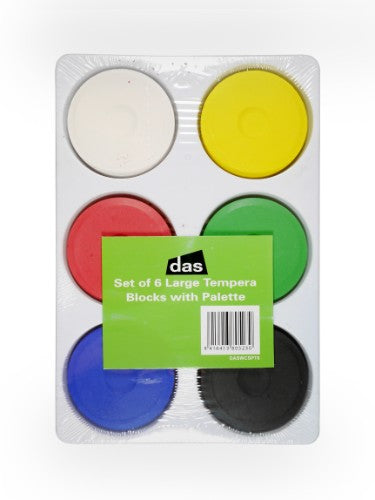 Set of 6 vibrant Das Tempera Blocks in a plastic tray, perfect for artists of all ages and skill levels.