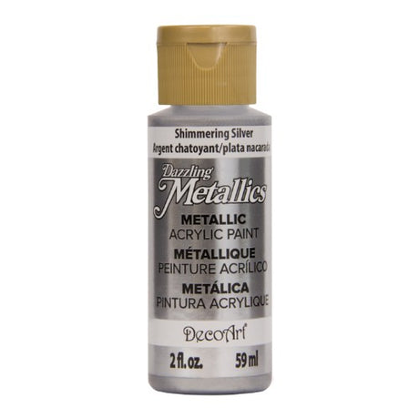 2oz bottle of Shimmering Silver acrylic paint with metallic finish, perfect for vibrant artistic projects and home decor.