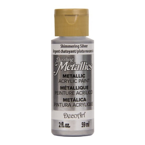 2oz bottle of Shimmering Silver acrylic paint with metallic finish, perfect for vibrant artistic projects and home decor.
