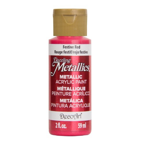 Vibrant 2oz Festive Red acrylic paint with metallic finish, perfect for creative projects and stunning decorations.