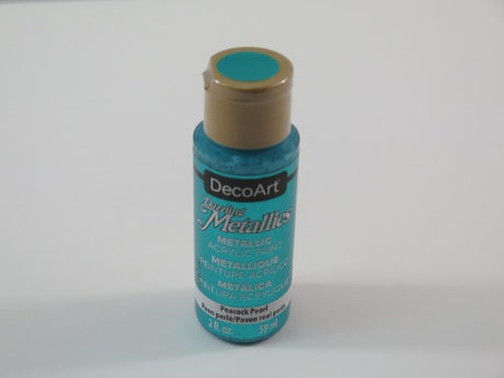 Acrylic paint in Peacock Pearl shade, featuring metallic sheen, ideal for art and crafts on various surfaces.