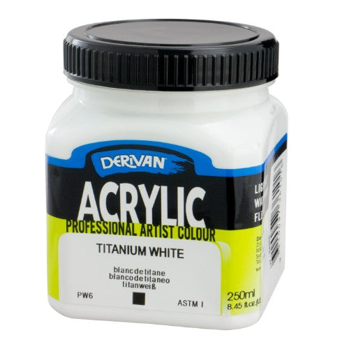 Derivan Acrylic 250ml Titanium White paint, smooth, opaque, fast-drying, ideal for vibrant artistic projects on various surfaces.