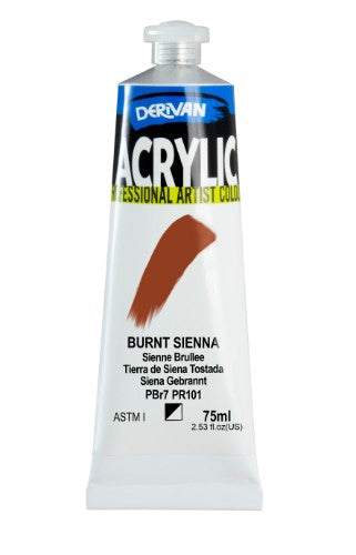 Derivan 75ml Burnt Sienna acrylic paint tube, ideal for vibrant, earthy artwork with rich pigmentation and quick drying time.