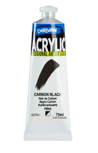 Derivan Acrylic 75ml Carbon Black: deep, lightfast paint for versatile applications on canvas, paper, and more.