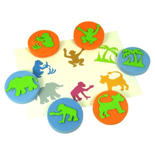 Set of 6 jungle-themed palm stampers for kids, promoting creativity and fine motor skills in arts and crafts.