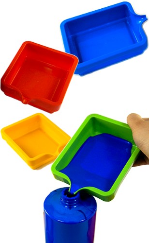 Set of 4 vibrant paint saver trays with spouts, perfect for messy-free crafting and reducing paint waste.