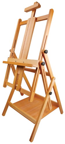 Elegant beech wood easel with adjustable mast, utility shelf, and sturdy base for versatile art creation.