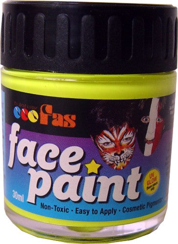 Vibrant yellow Fas Fluo face paint in 30ml tube, glows under UV light, perfect for parties and creative expression.