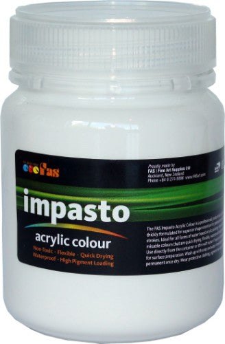 250ml tub of Fas Impasto Acrylic paint in white, ideal for creating textures and vibrant artwork on various surfaces.